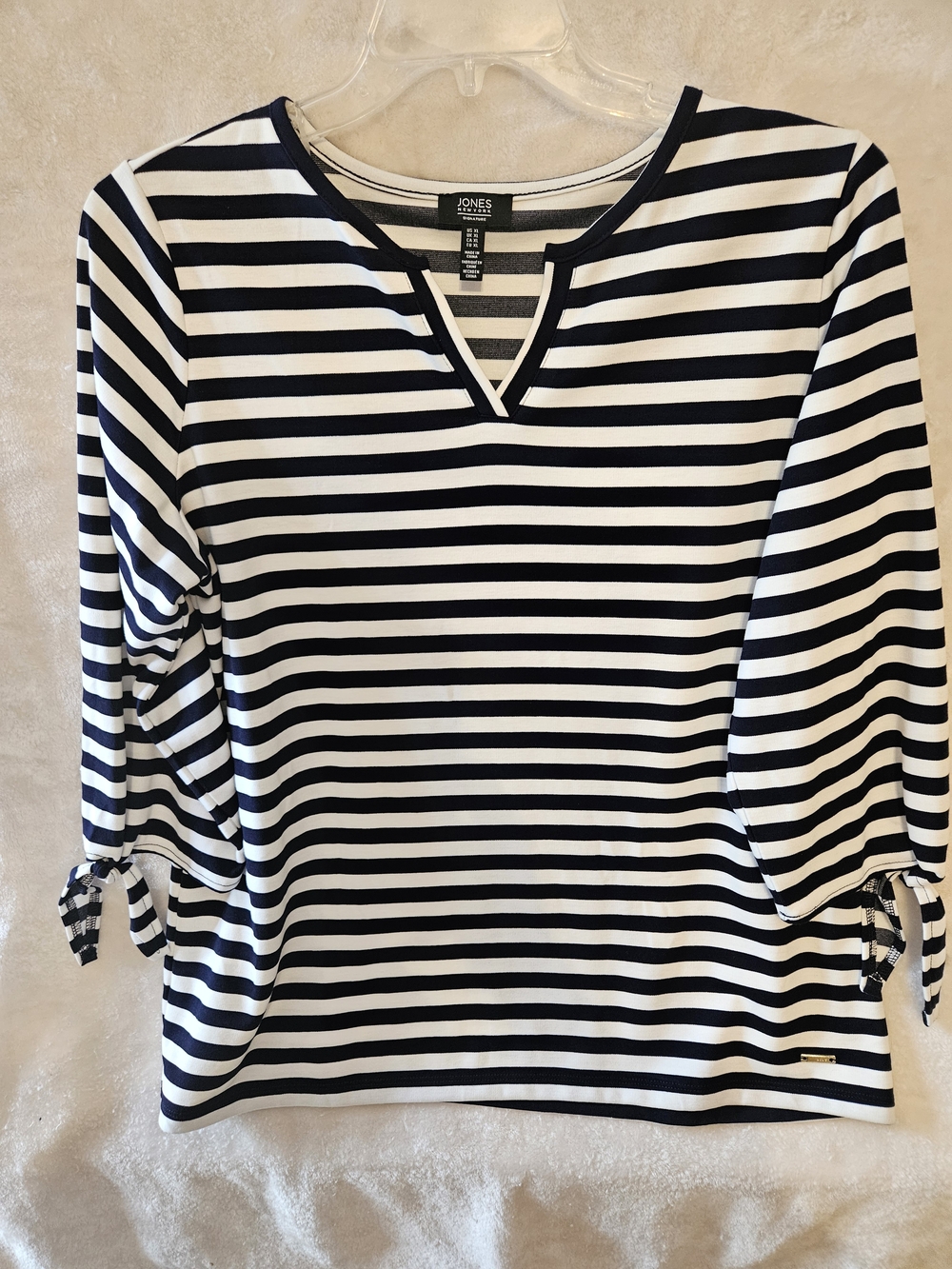 Jones New York Black and White Striped Tie-Sleeve Long Sleeve Top